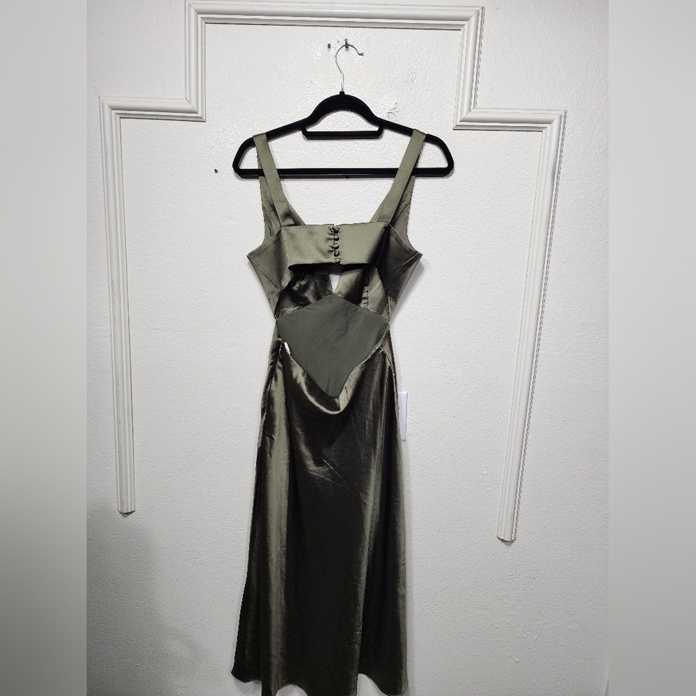 Lulus Unmatched Elegance Olive Satin Sleeveless Midi Dress Wedding Party Prom - Picture 8 of 9